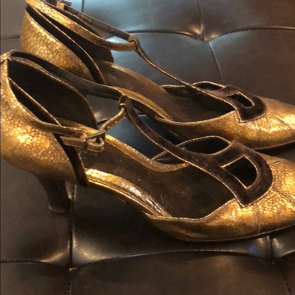 Gold and brown suede strappy heels